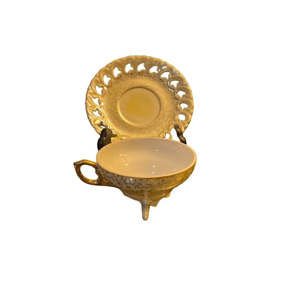 Vintage Japan Porcelain Teacup Saucer Set Gold Trim‎ Floral Butterfly Cutout